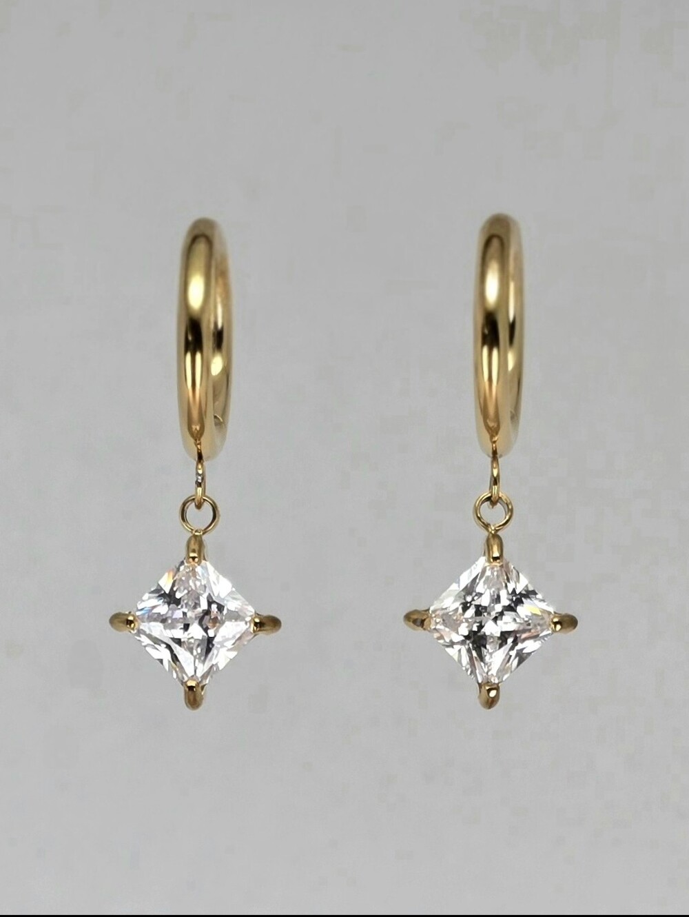 Gold Hoop Earrings with Princess Cut CZ Drop